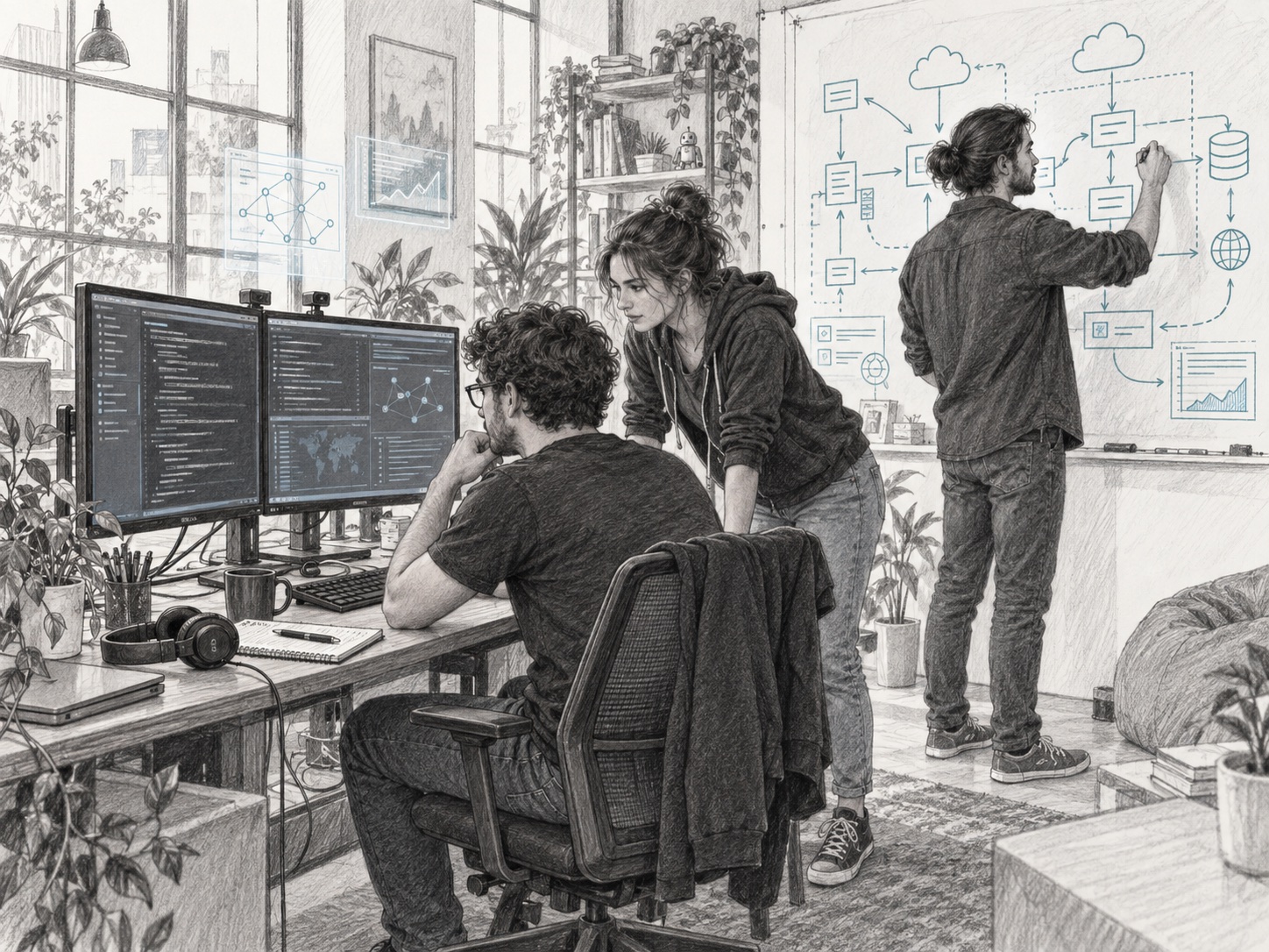 Disegno a matita di un team di sviluppo software che analizza codice e architettura cloud